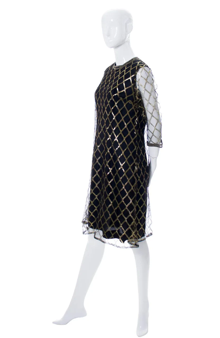 1960s Leslie Fay Black & Gold Mod Shift Dress