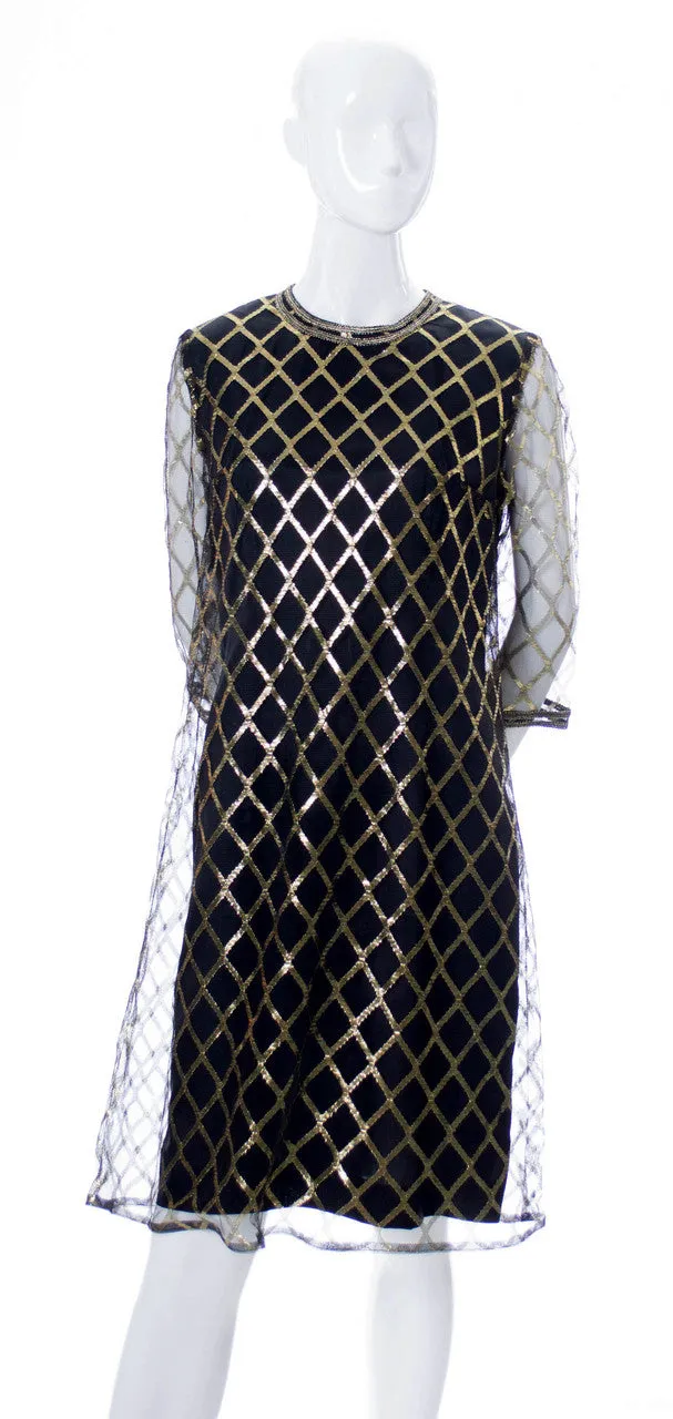 1960s Leslie Fay Black & Gold Mod Shift Dress