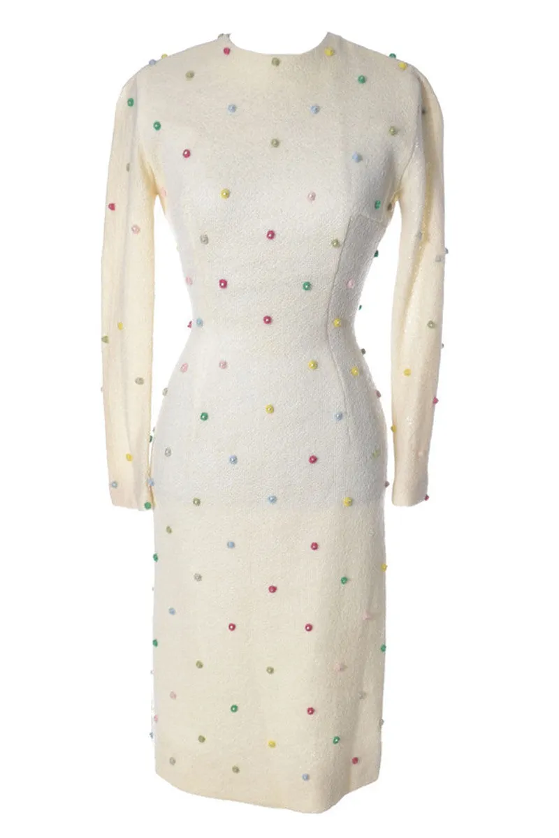 1960's Winter White Anne Fogarty Vintage Dress w Pom Poms