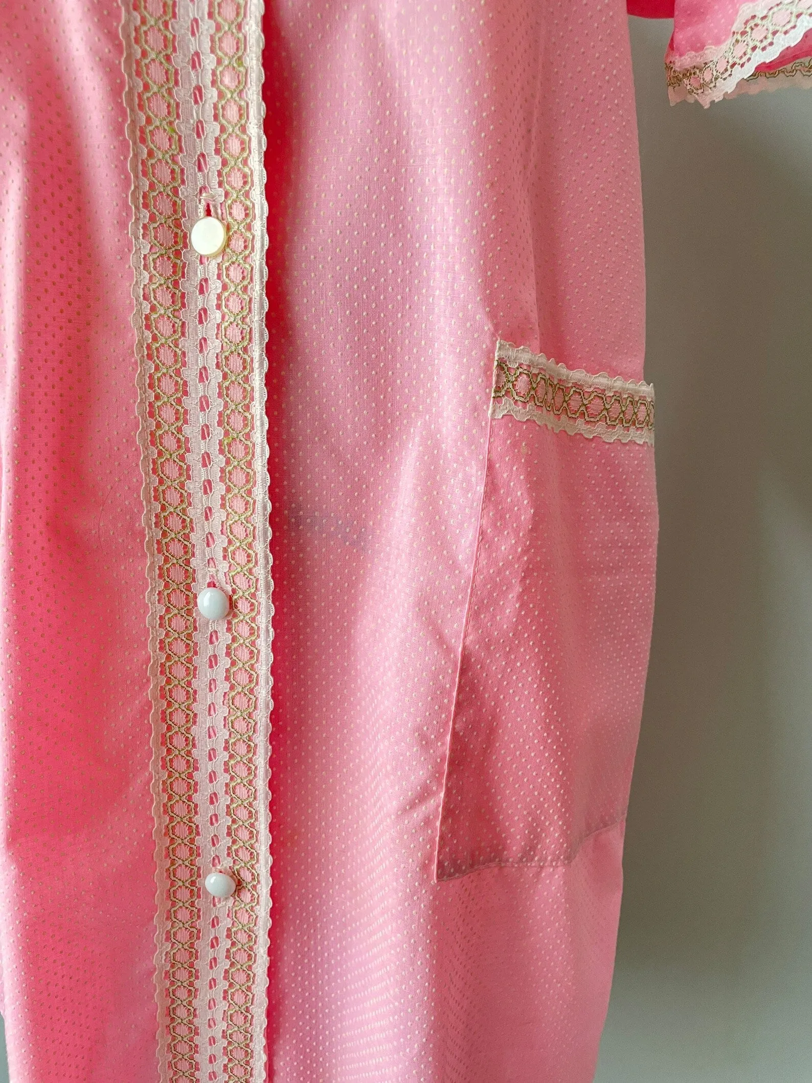 1970s Smock Lounge House Dress Pink Dots S