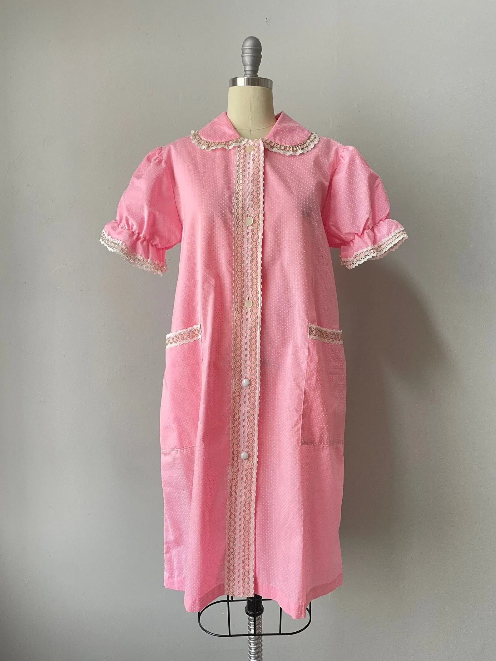 1970s Smock Lounge House Dress Pink Dots S