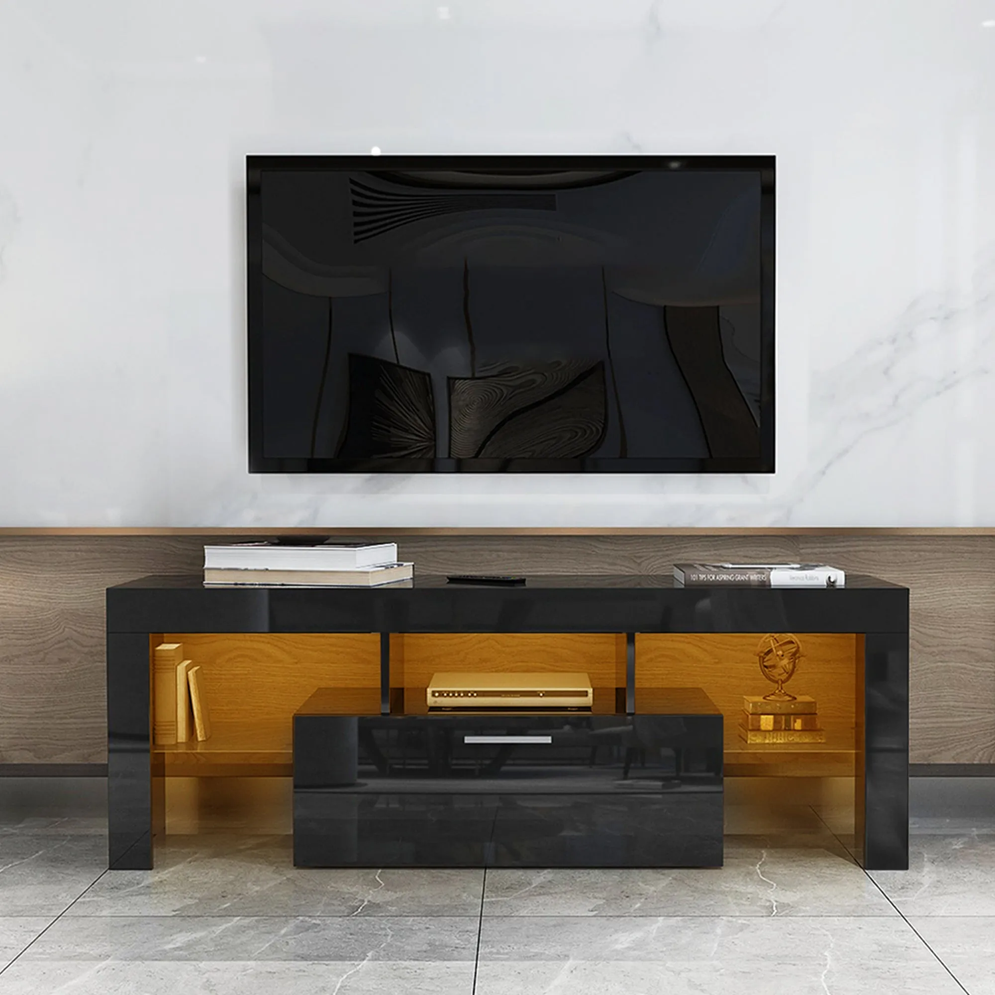 20 minutes quick assemble,Black morden TV Stand with LED Lights,high glossy front TV Cabinet,can be assembled in Lounge Room, Living Room or Bedroom,color:BLACK