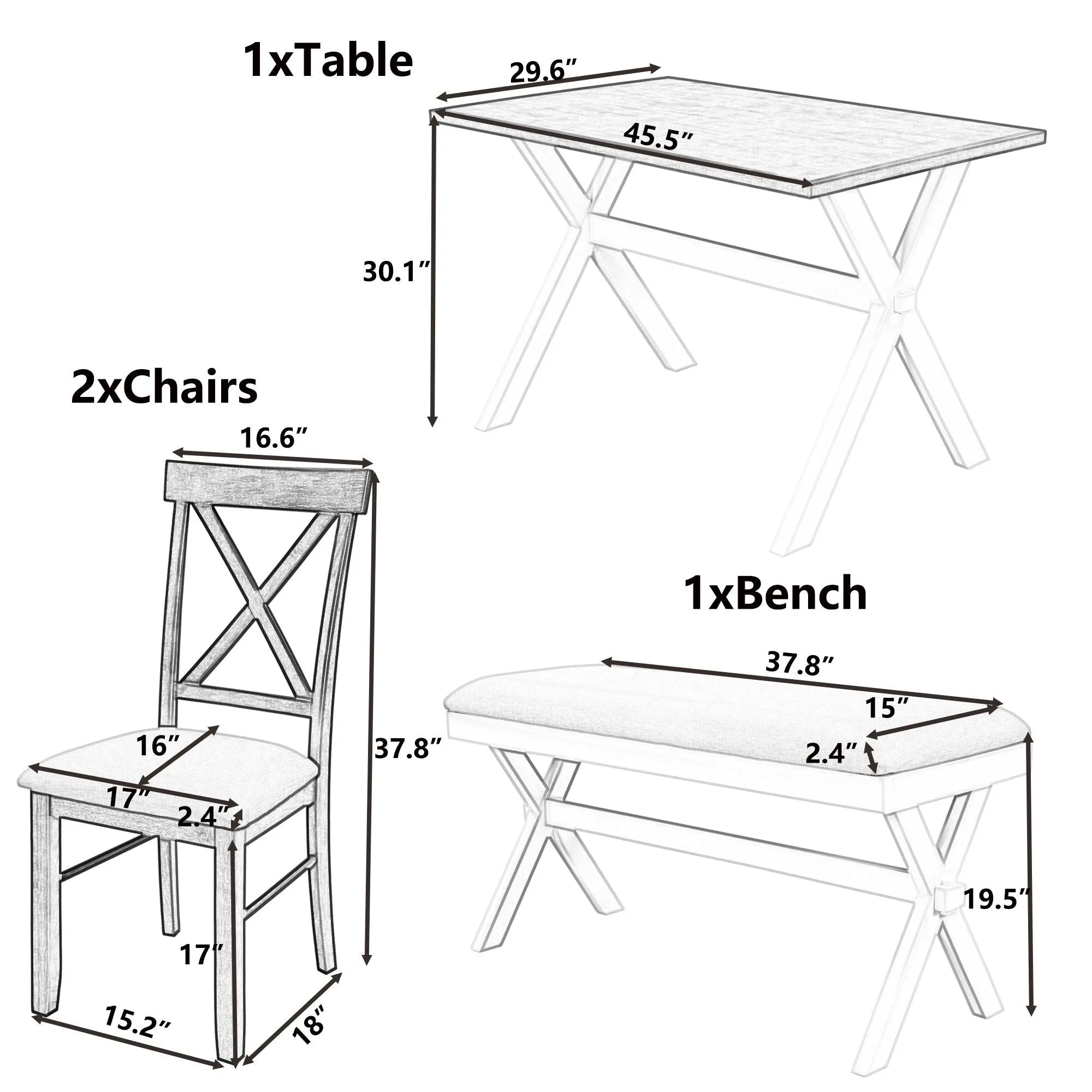 4 Pieces Farmhouse Rustic Wood Kitchen Dining Table Set with Upholstered 2 X-back Chairs and Bench,Gray Green White Beige