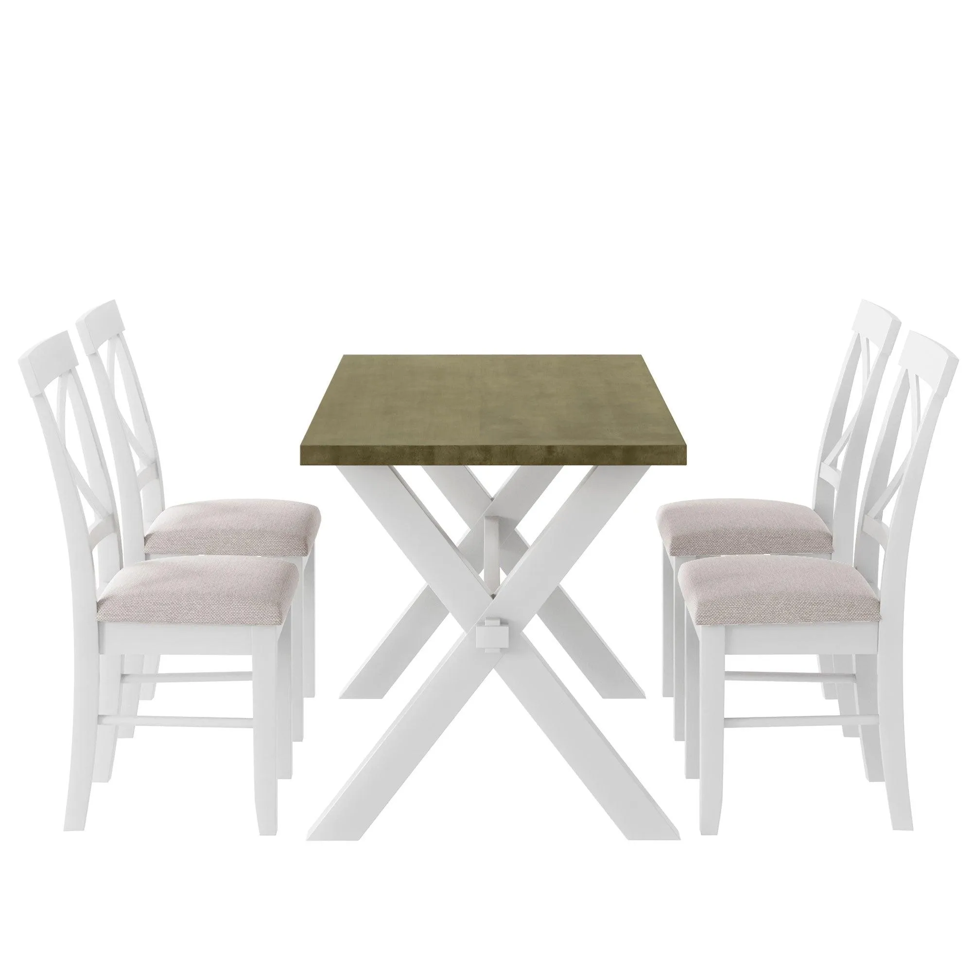 5 Pieces Farmhouse Rustic Wood Kitchen Dining Table Set with Upholstered 4 X-back Chairs, Gray Green White Beige