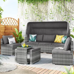 5 Pieces Outdoor Sectional Patio Rattan Sofa Set Rattan Daybed , PE Wicker Conversation Furniture Set w/ Canopy and Tempered Glass Side Table, Gray