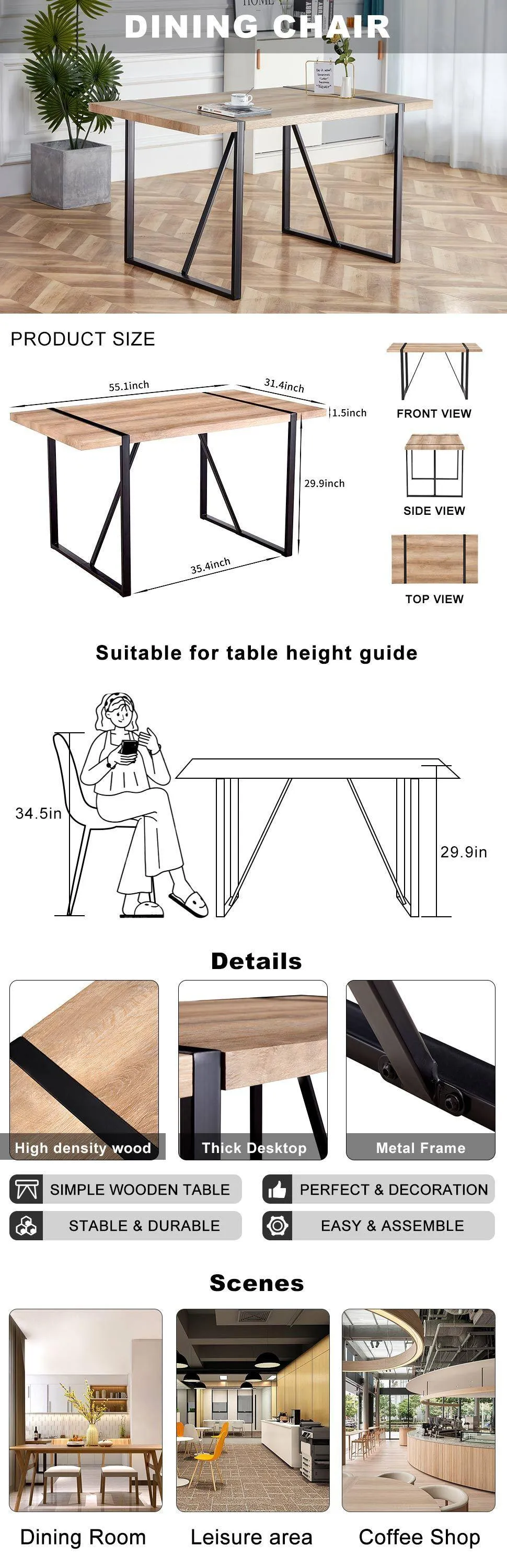 55.1" W x 31.4" D x 29.9" H Rustic Industrial Rectangular Wood Dining Table For 4-6 Person,  With 1.5" Thick Engineered Wood