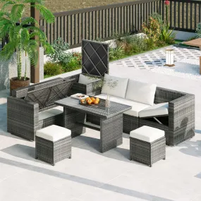 6-Piece Outdoor PE Rattan Sofa Set, Adjustable Seats, Storage Box, Glass Table, Beige