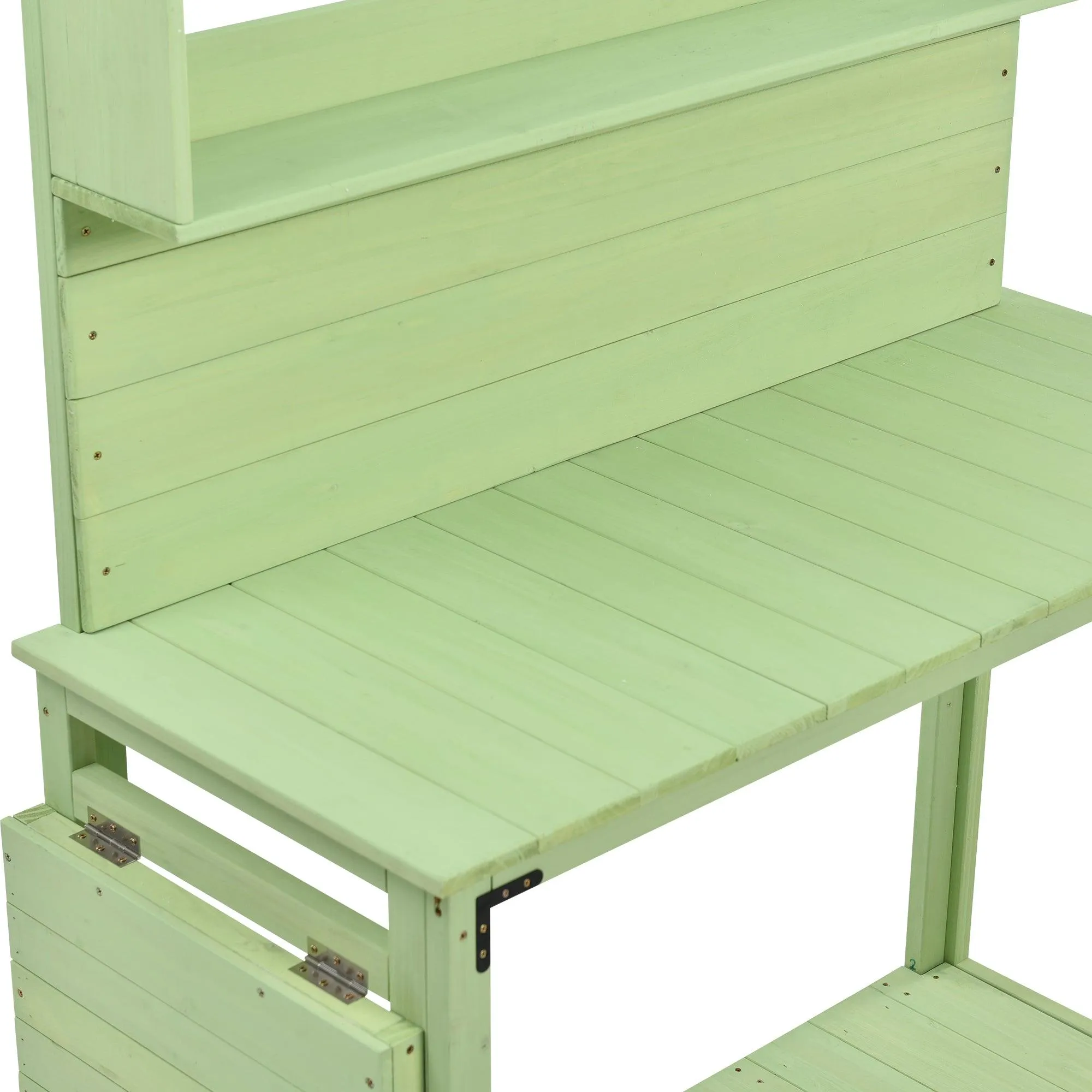 65inch Garden Wood Workstation Backyard Potting Bench Table with Shelves, Side Hook and Foldable Side Table,Green