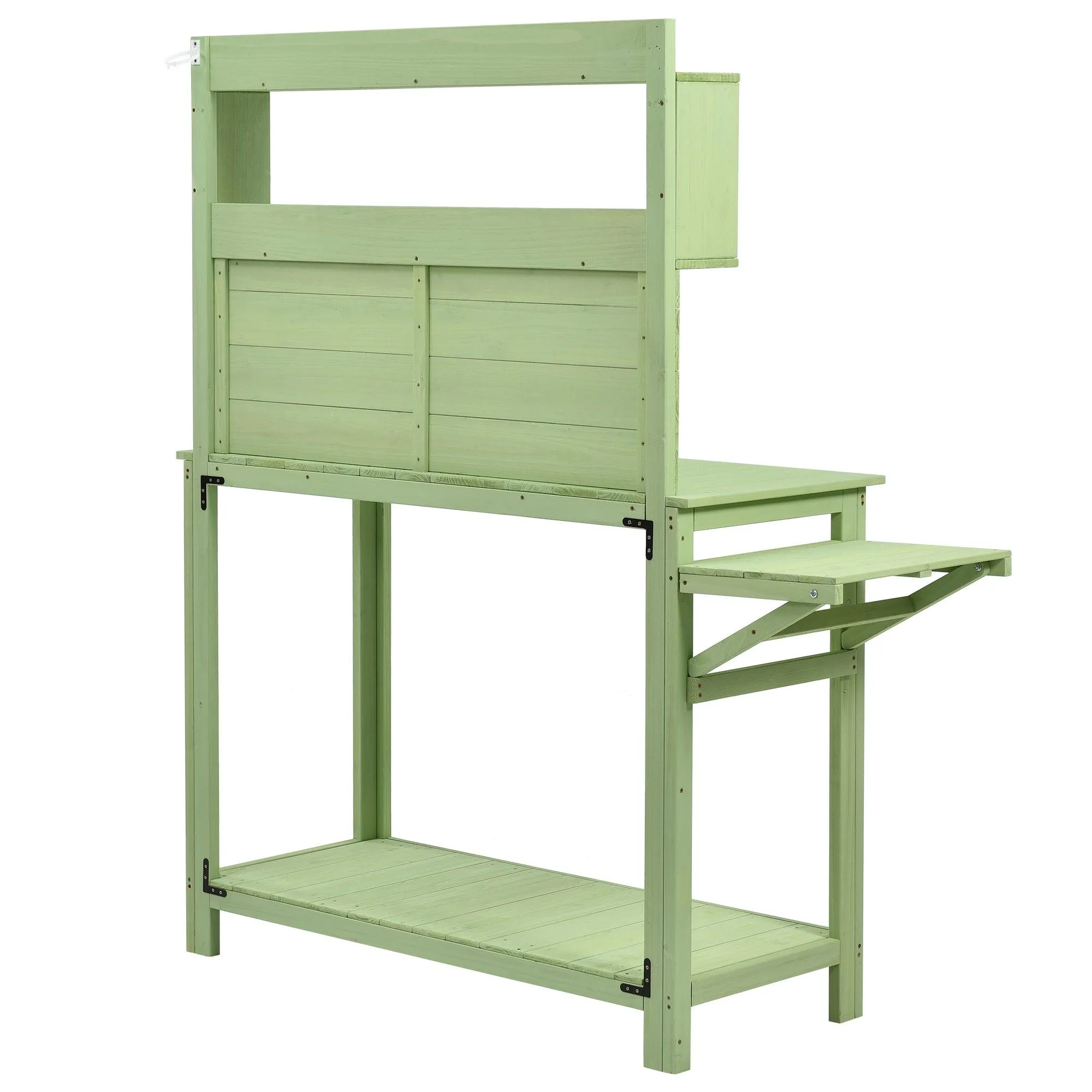 65inch Garden Wood Workstation Backyard Potting Bench Table with Shelves, Side Hook and Foldable Side Table,Green