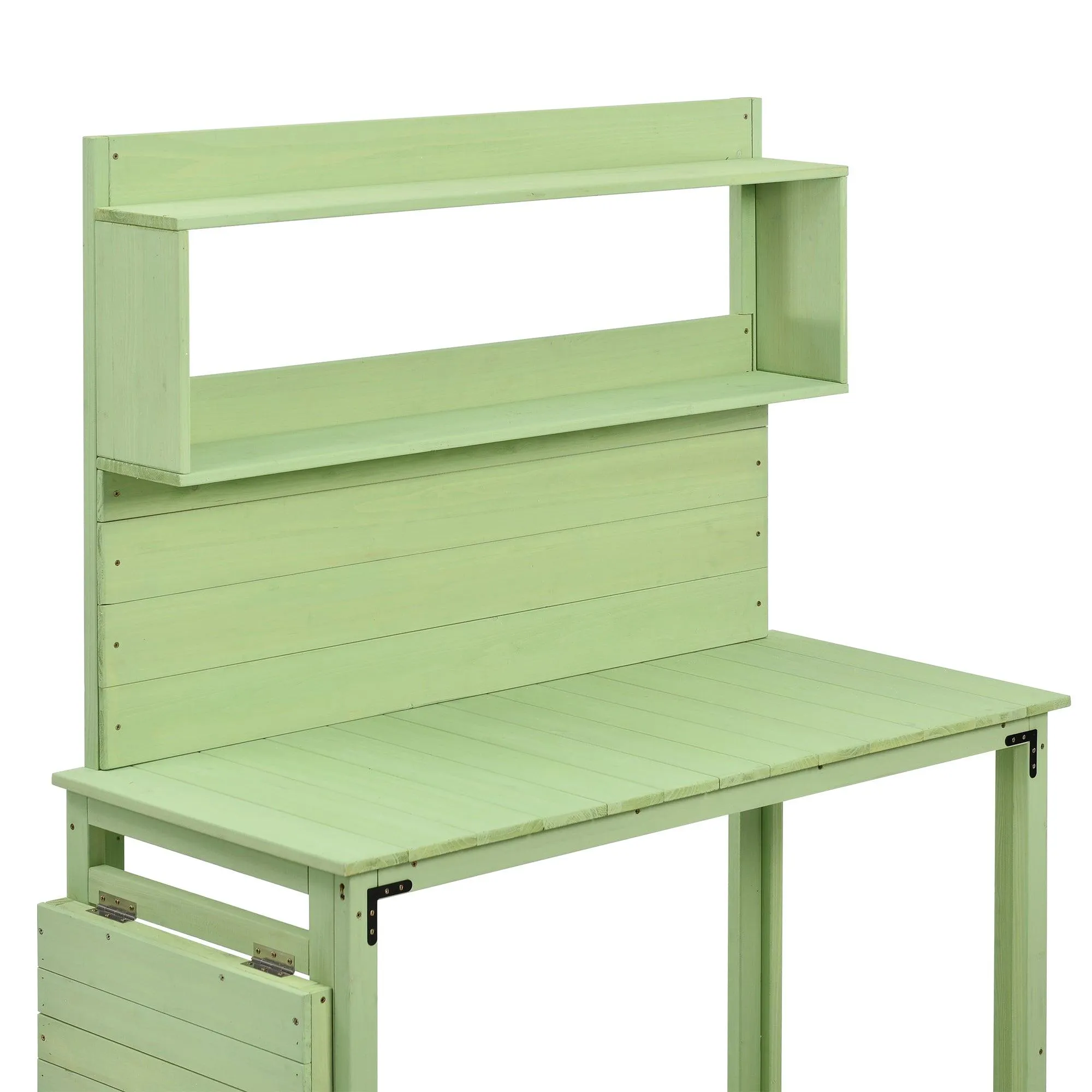 65inch Garden Wood Workstation Backyard Potting Bench Table with Shelves, Side Hook and Foldable Side Table,Green