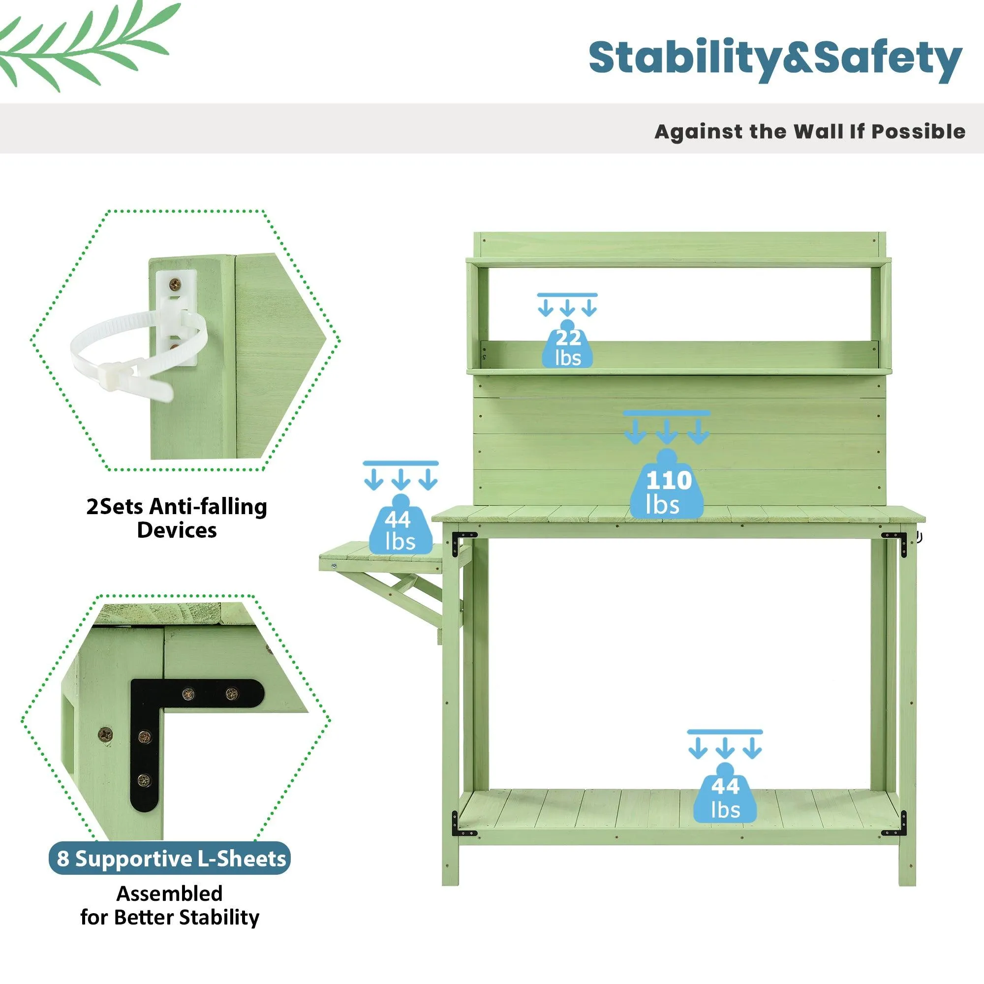 65inch Garden Wood Workstation Backyard Potting Bench Table with Shelves, Side Hook and Foldable Side Table,Green