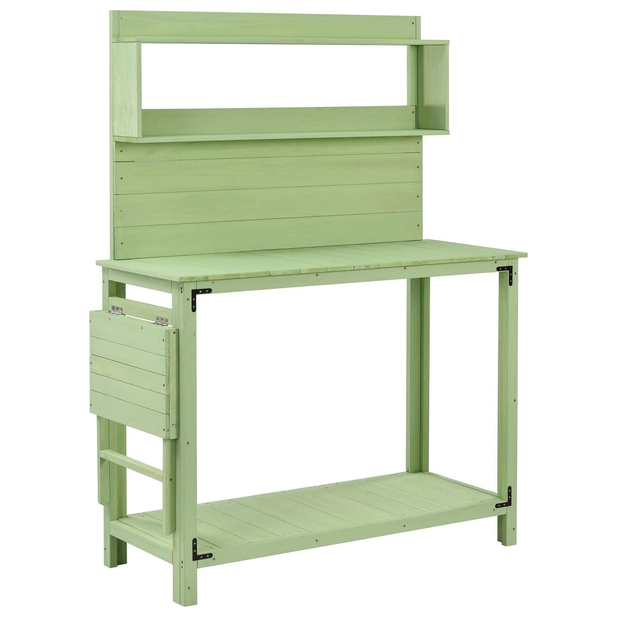 65inch Garden Wood Workstation Backyard Potting Bench Table with Shelves, Side Hook and Foldable Side Table,Green