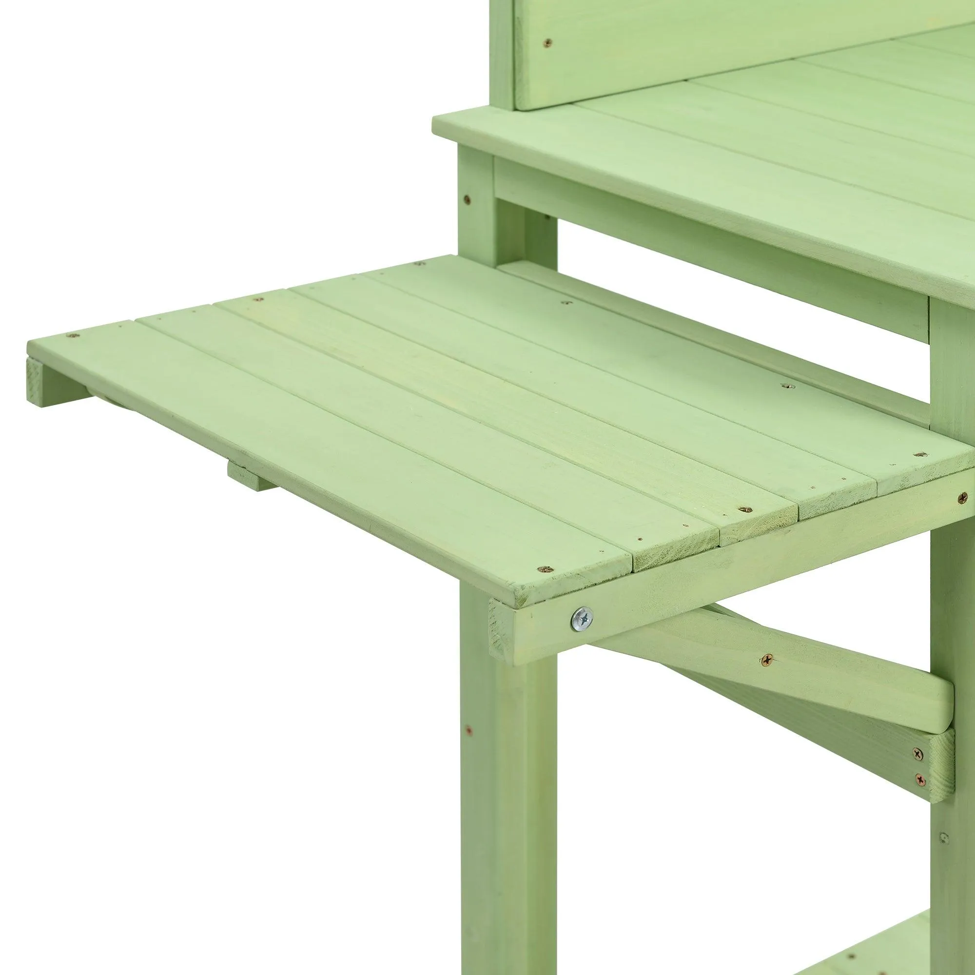 65inch Garden Wood Workstation Backyard Potting Bench Table with Shelves, Side Hook and Foldable Side Table,Green