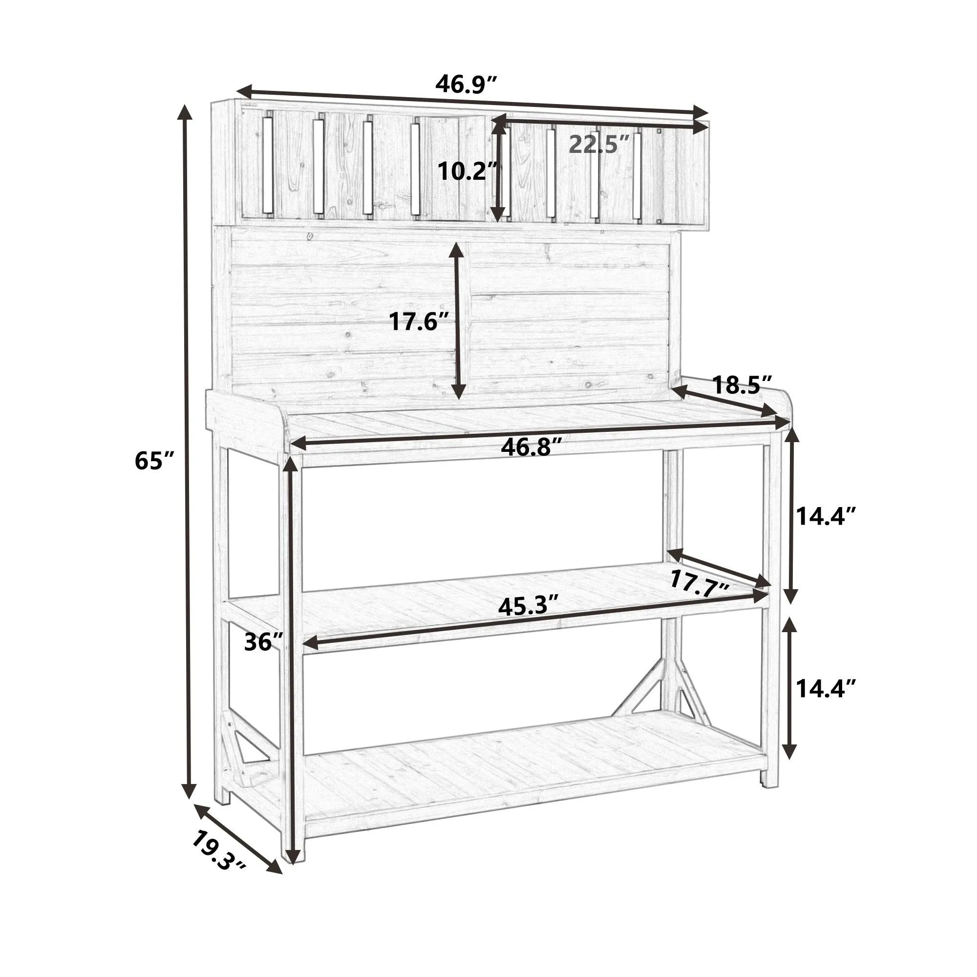 65" Rustic Outdoor Potting Bench, Large Wooden Farmhouse Table with 4 Shelves & Hooks