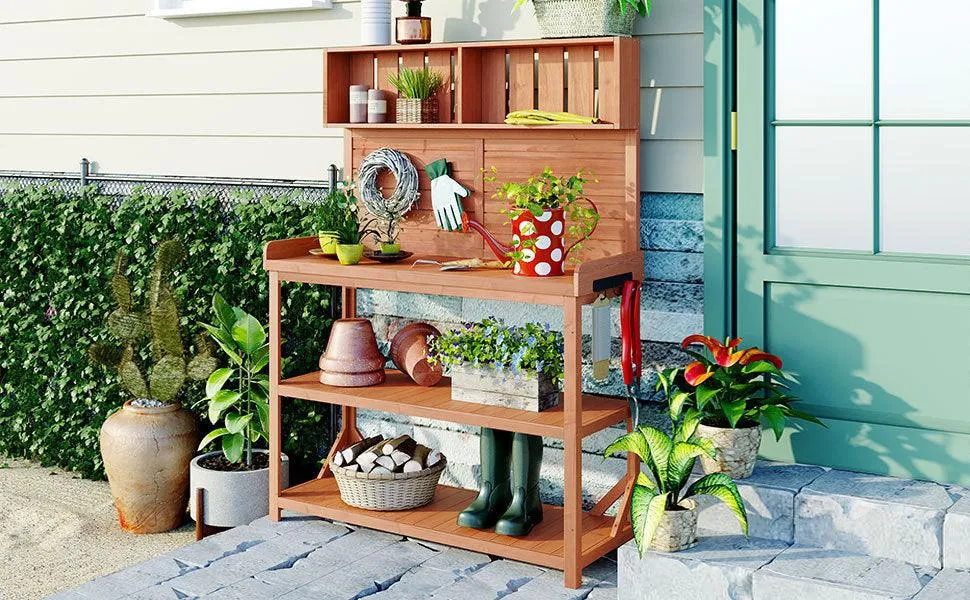 65" Rustic Outdoor Potting Bench, Large Wooden Farmhouse Table with 4 Shelves & Hooks