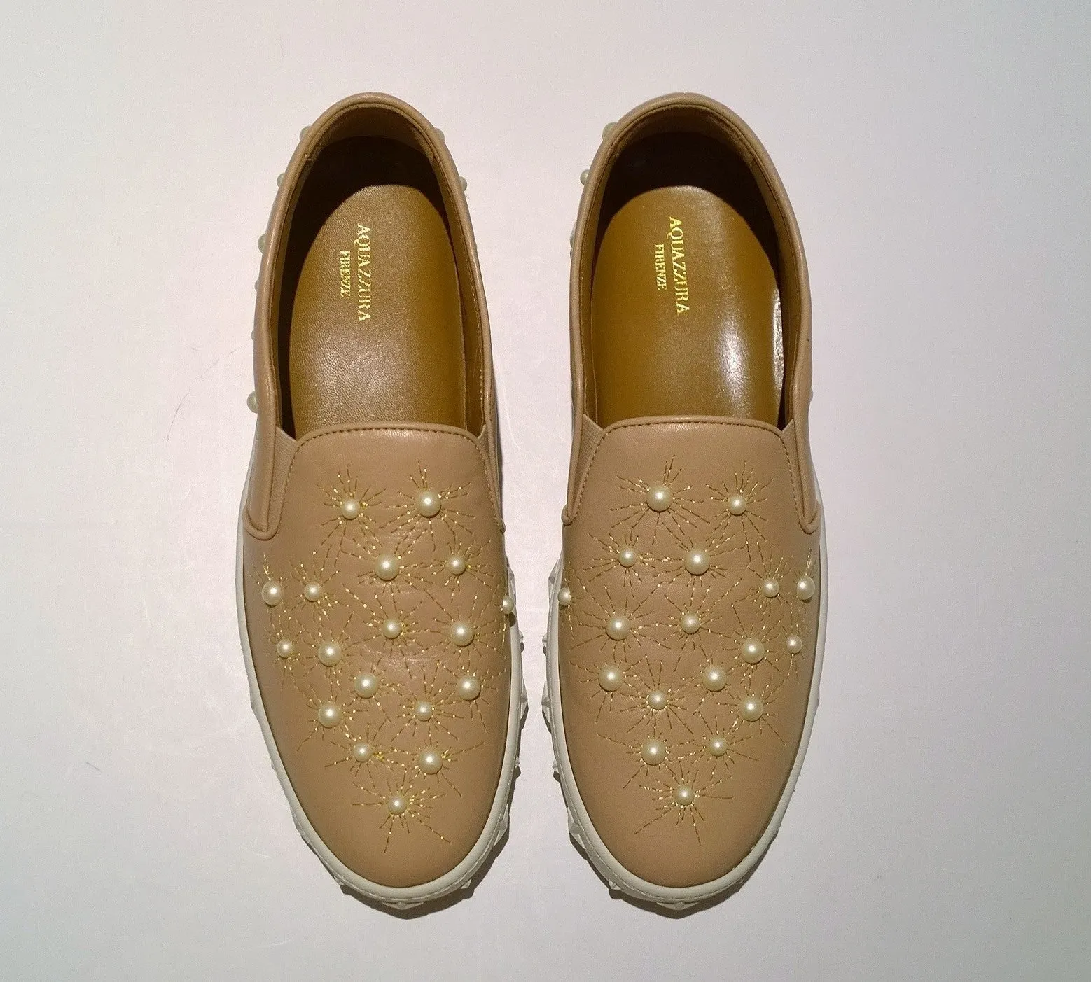 Aquazzura Cosmic Pearls Beige Nude Leather Slip On Sneakers