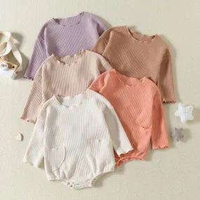 Autumn Solid Color Pocket Waffle Baby Romper Wholesale Baby Boutique Clothes