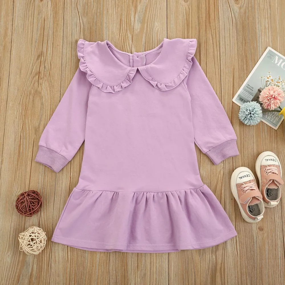 Autumn Toddler Girls Lotus Leaf Collar Solid Color Dress Wholesale Girls Dress