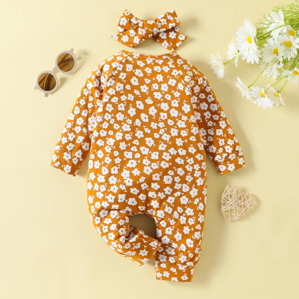 Baby Autumn Floral Print Romper Headband Two-piece Set Wholesale Baby Clothes