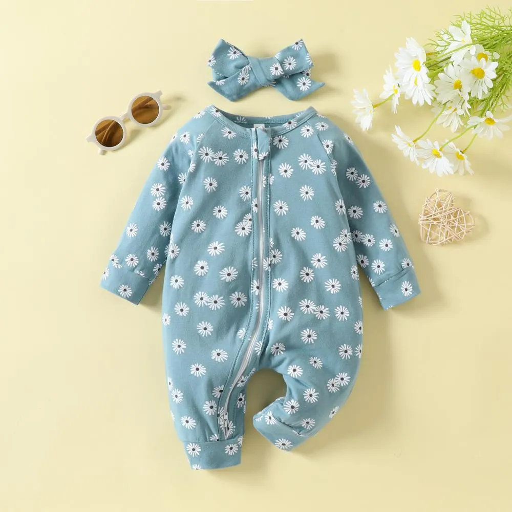 Baby Autumn Floral Print Romper Headband Two-piece Set Wholesale Baby Clothes