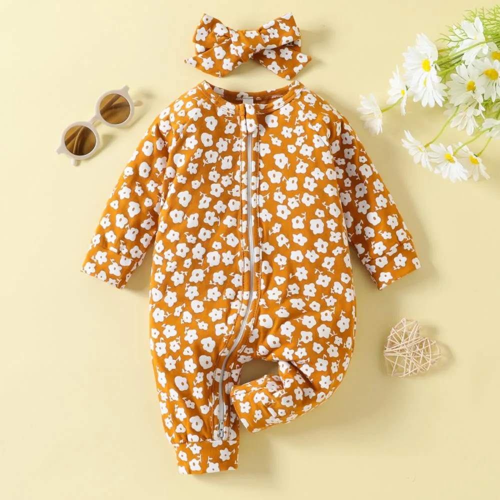 Baby Autumn Floral Print Romper Headband Two-piece Set Wholesale Baby Clothes