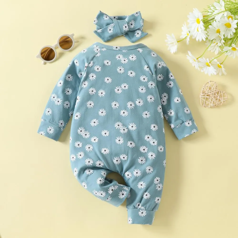 Baby Autumn Floral Print Romper Headband Two-piece Set Wholesale Baby Clothes