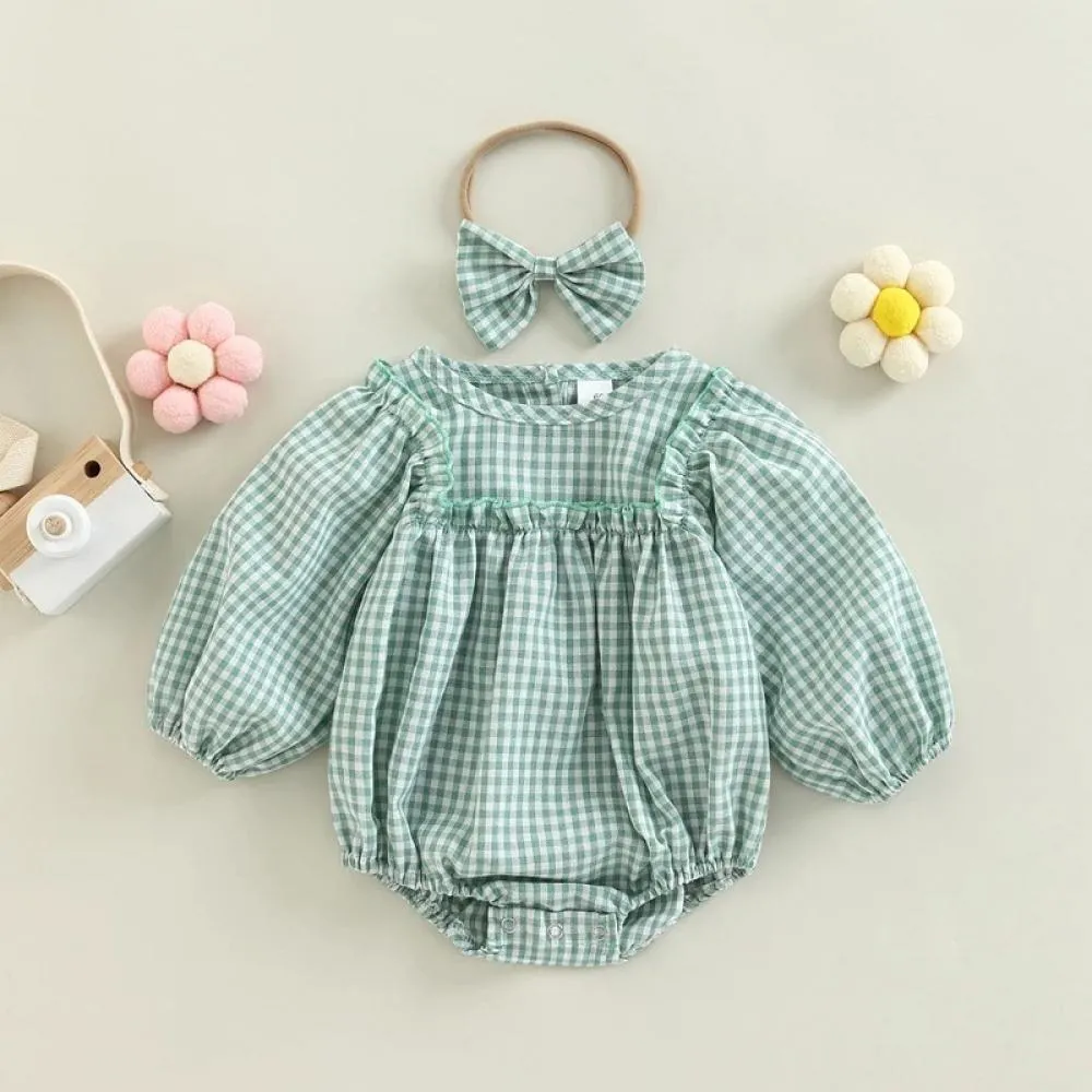 Baby Check Print Romper Headband Two-Piece Set Wholesale Baby Girls Clothes