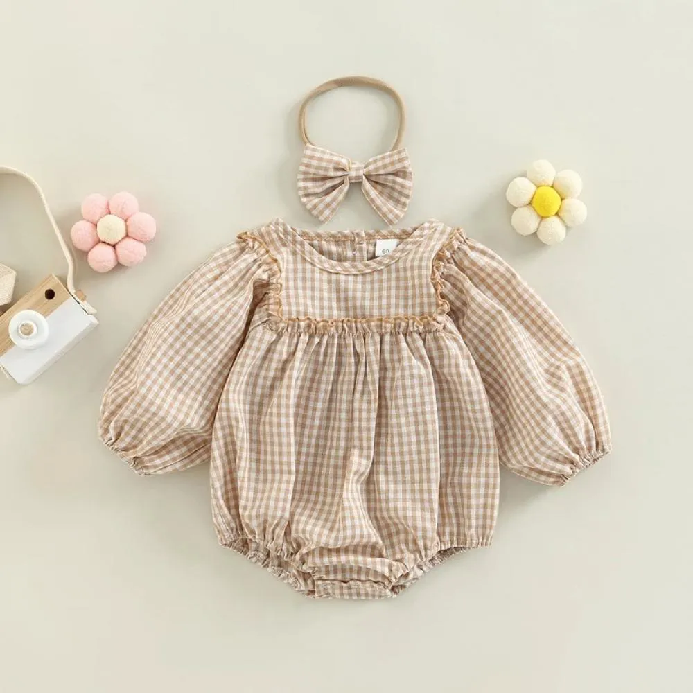 Baby Check Print Romper Headband Two-Piece Set Wholesale Baby Girls Clothes