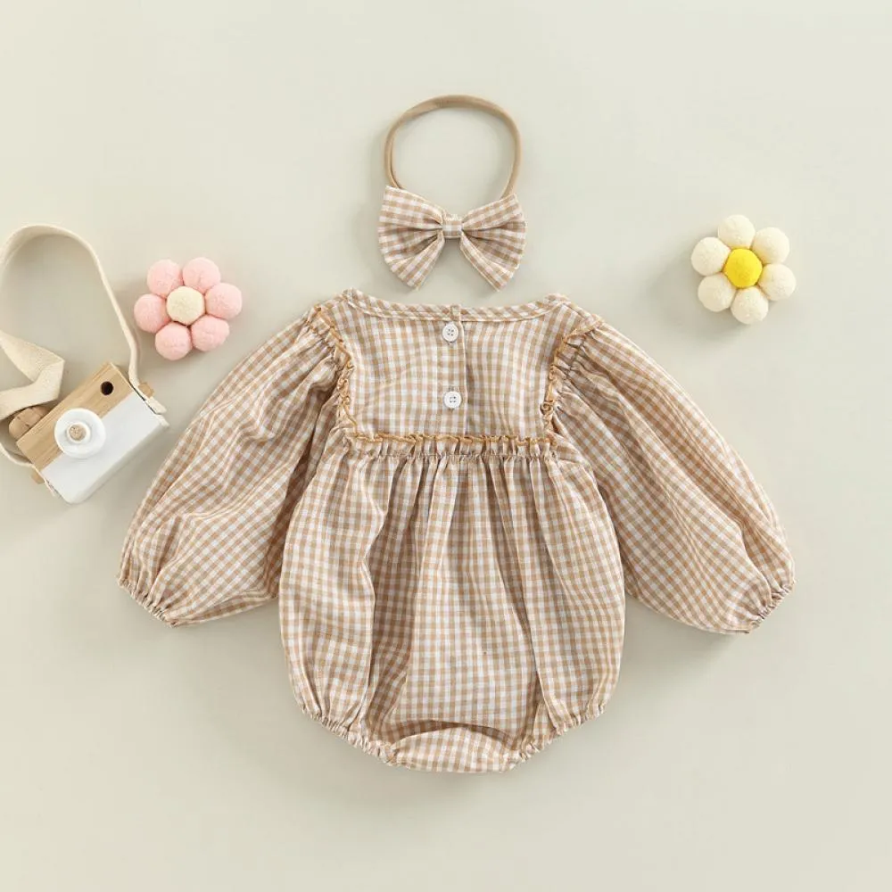 Baby Check Print Romper Headband Two-Piece Set Wholesale Baby Girls Clothes