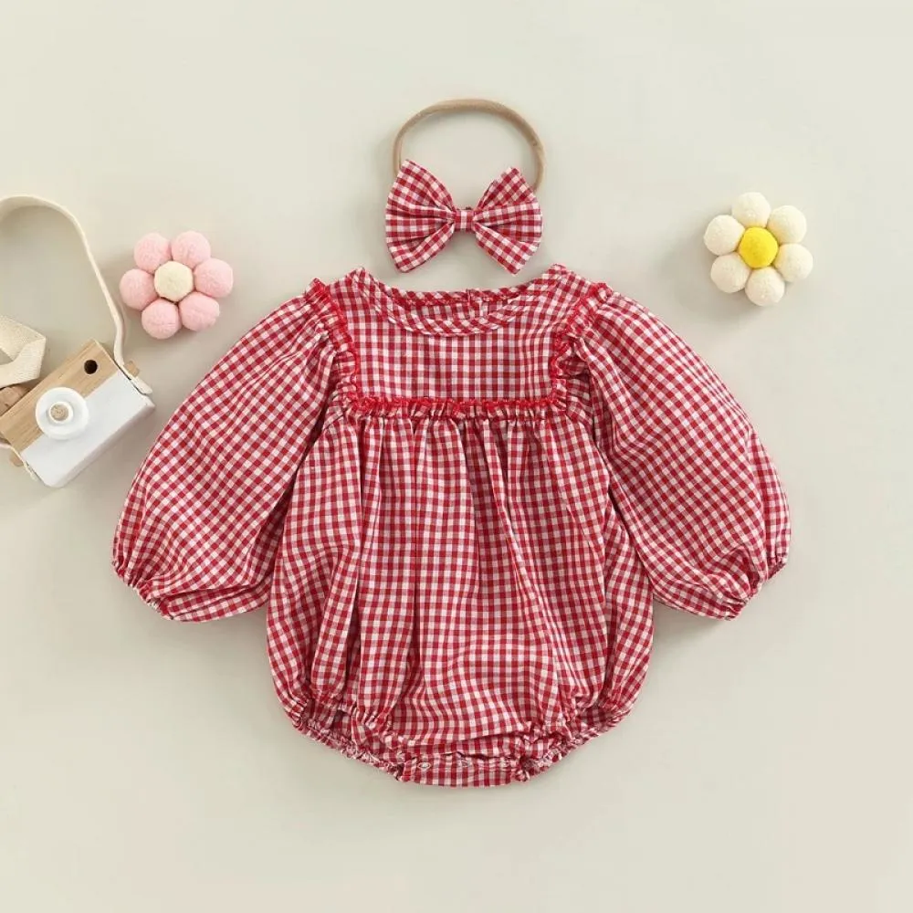 Baby Check Print Romper Headband Two-Piece Set Wholesale Baby Girls Clothes