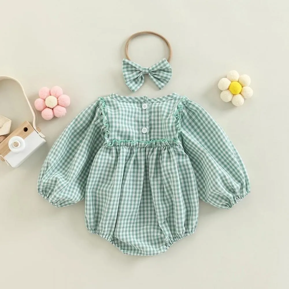 Baby Check Print Romper Headband Two-Piece Set Wholesale Baby Girls Clothes