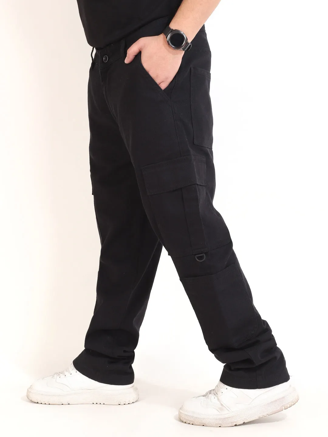 Black Baggy Fit 8 Pocket Drill Cargo