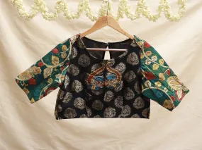 Black, Hand Painted Kalamkari, Brocade blouse