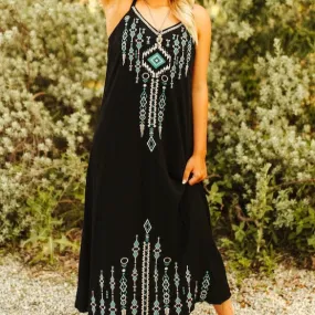 Black Spaghetti Strap Aztec Embroidered Dress at Bourbon Cowgirl