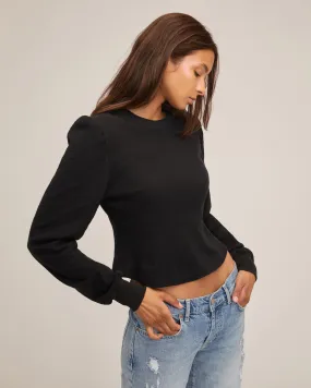 Blair Waffle Knit Puff Sleeve Pullover in Black