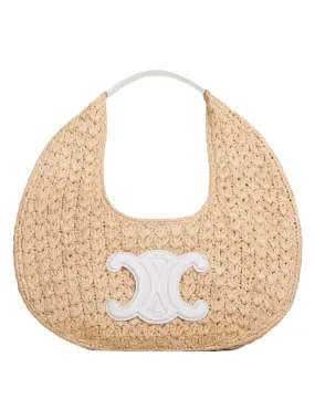 Classic Panier Raffia Calfskin Shoulder Bag White