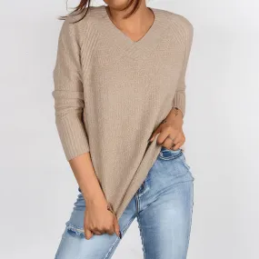 Comfy V Neck Raglan Sleeve Curved Hem Khaki Waffle Knit Sweater