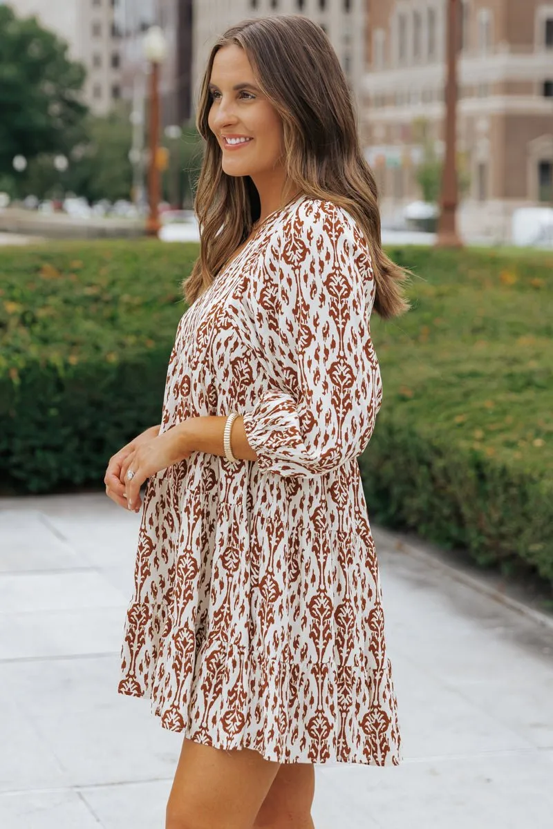 Cream Print Tiered Mini Dress