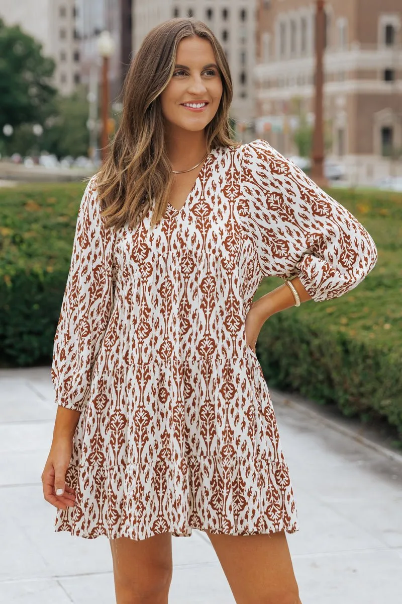 Cream Print Tiered Mini Dress