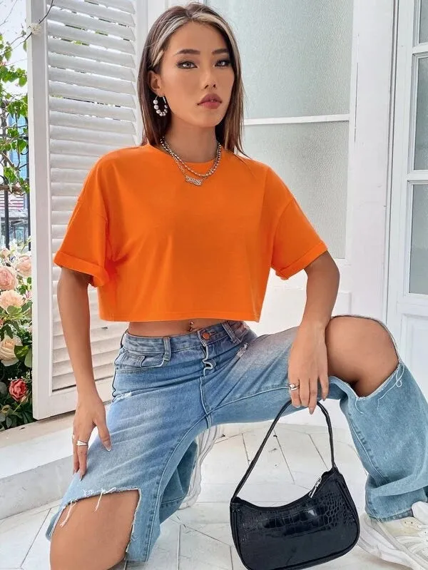 DROP SHOULDER SOLID TEE-ORANGE