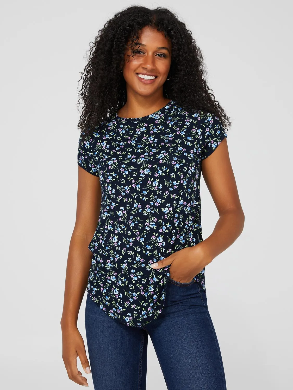 Floral Print Raglan Sleeve Top With Rounded Hem