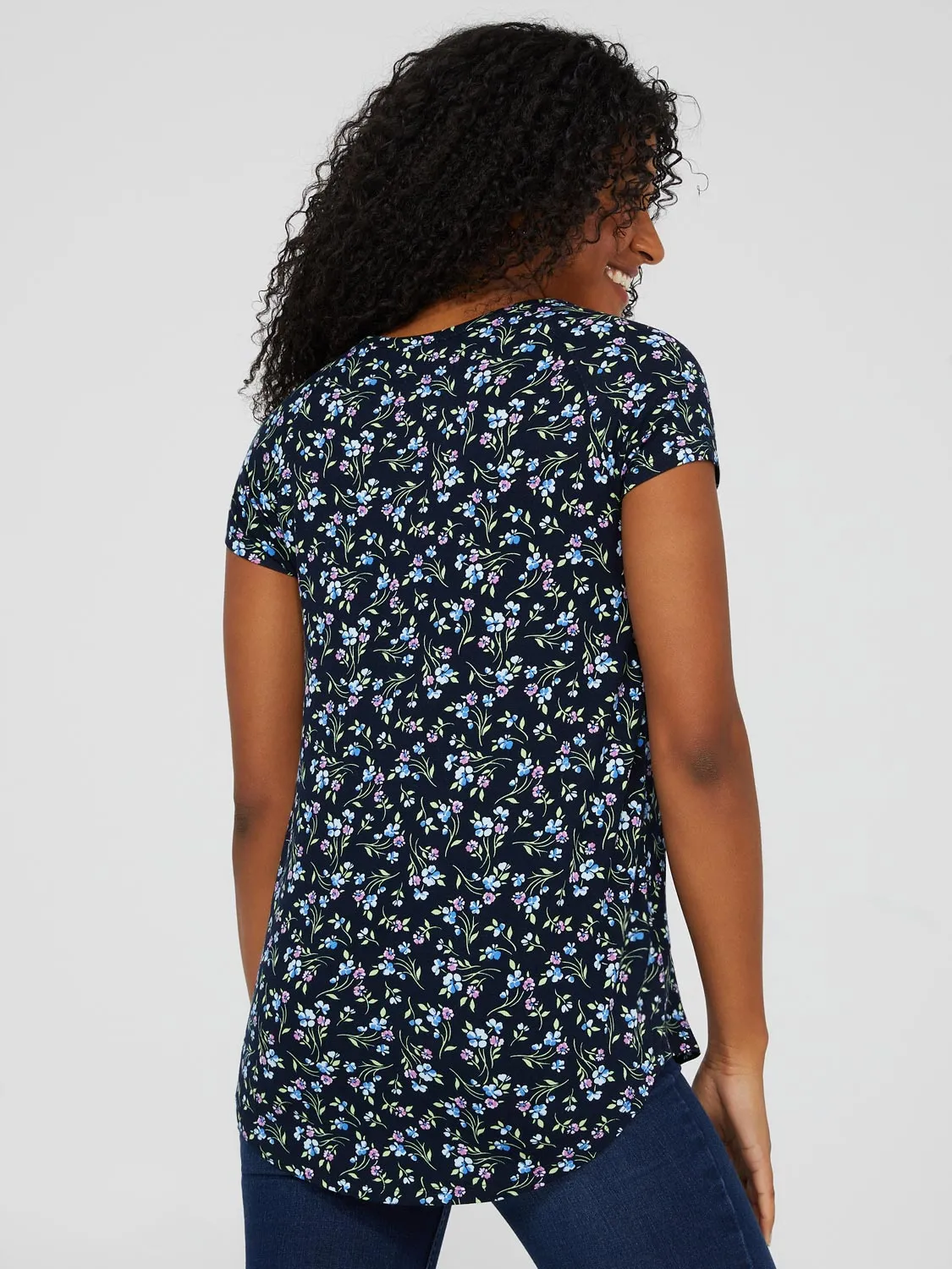 Floral Print Raglan Sleeve Top With Rounded Hem