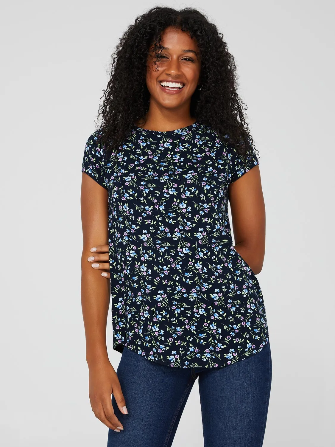 Floral Print Raglan Sleeve Top With Rounded Hem