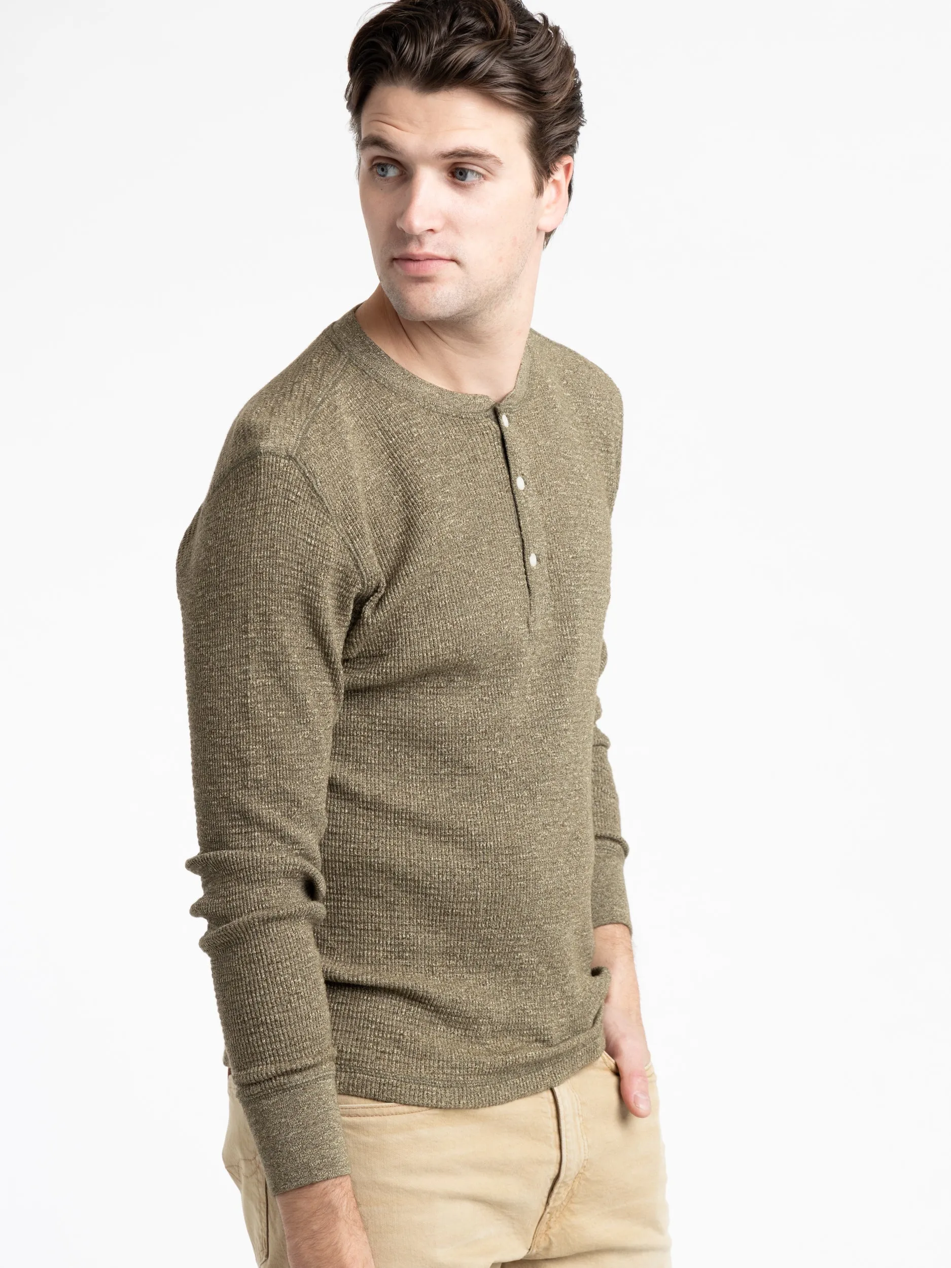 Green Waffle-Knit Henley Shirt