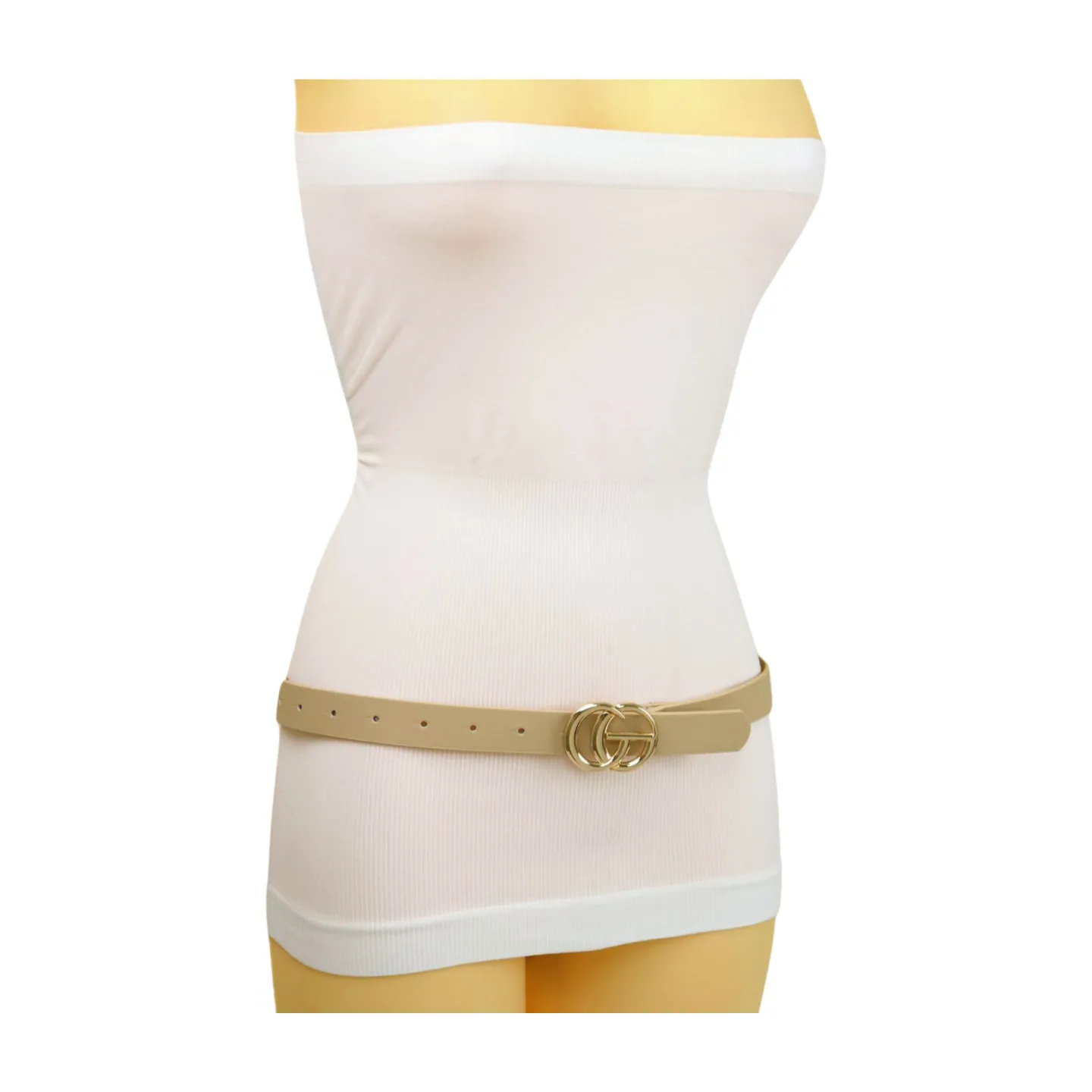 High Waist Hip Skinny Beige Taupe Belt Gold Metal Buckle M L