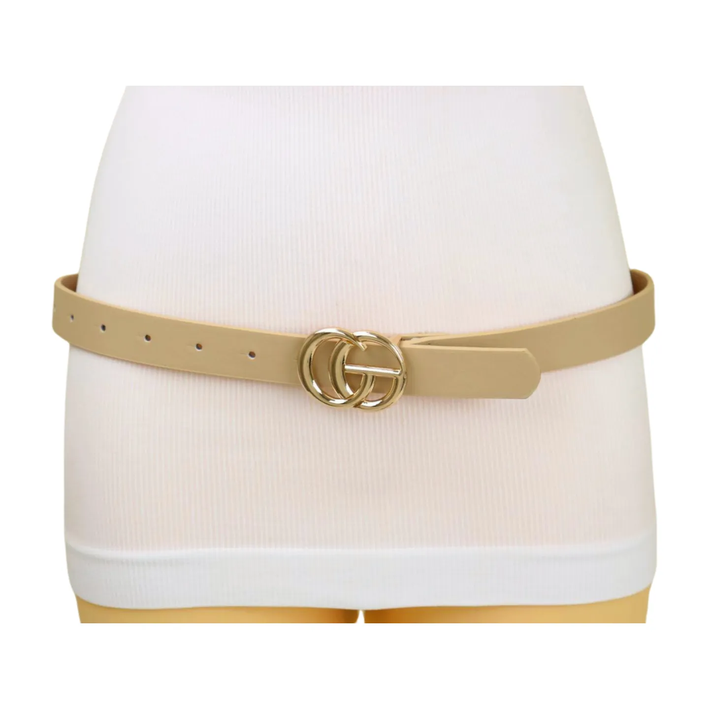 High Waist Hip Skinny Beige Taupe Belt Gold Metal Buckle M L