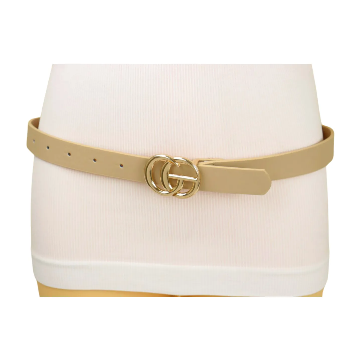 High Waist Hip Skinny Beige Taupe Belt Gold Metal Buckle M L