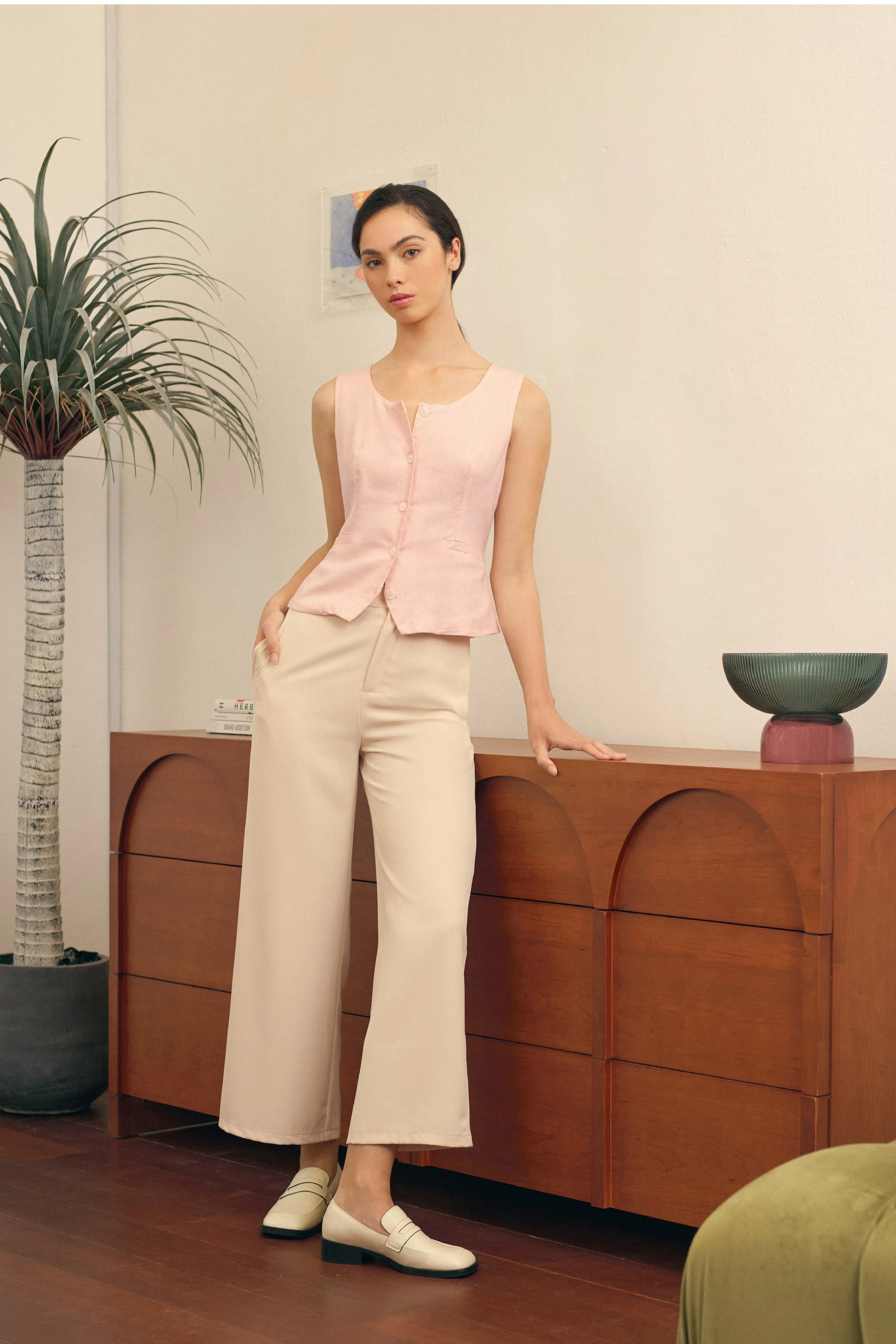 Jane Solid Button Vest Top in Blush Pink