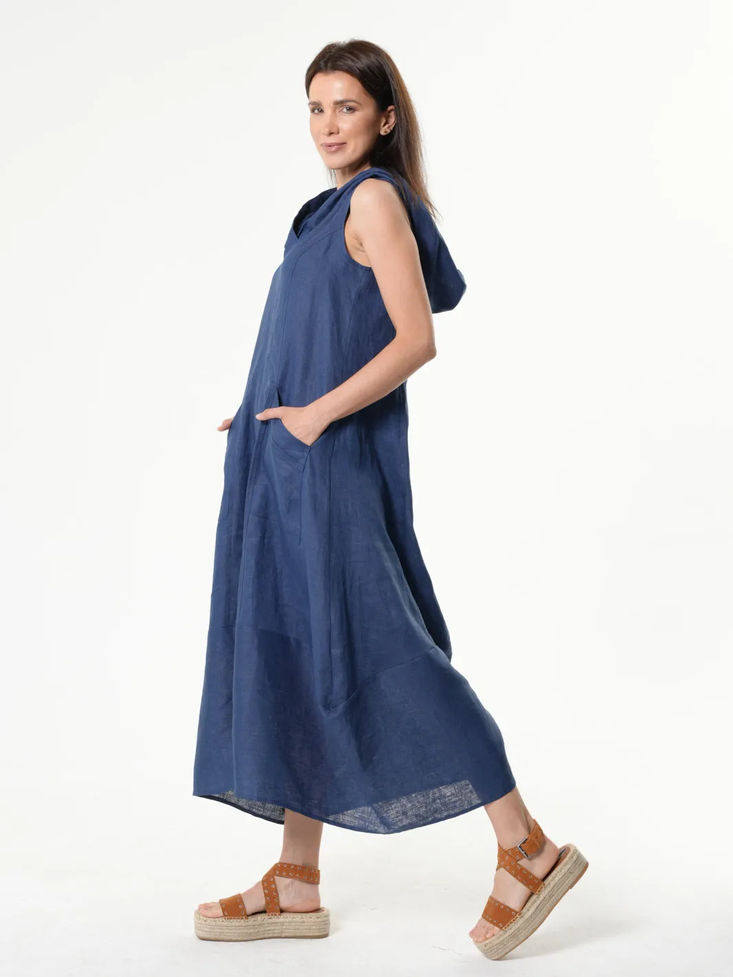 Linen Hooded Dress In Blue