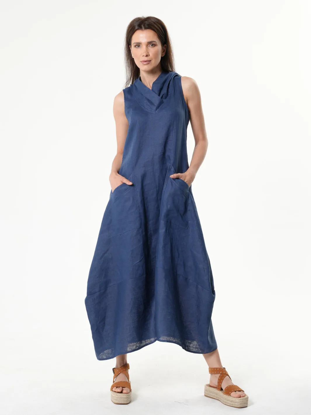 Linen Hooded Dress In Blue